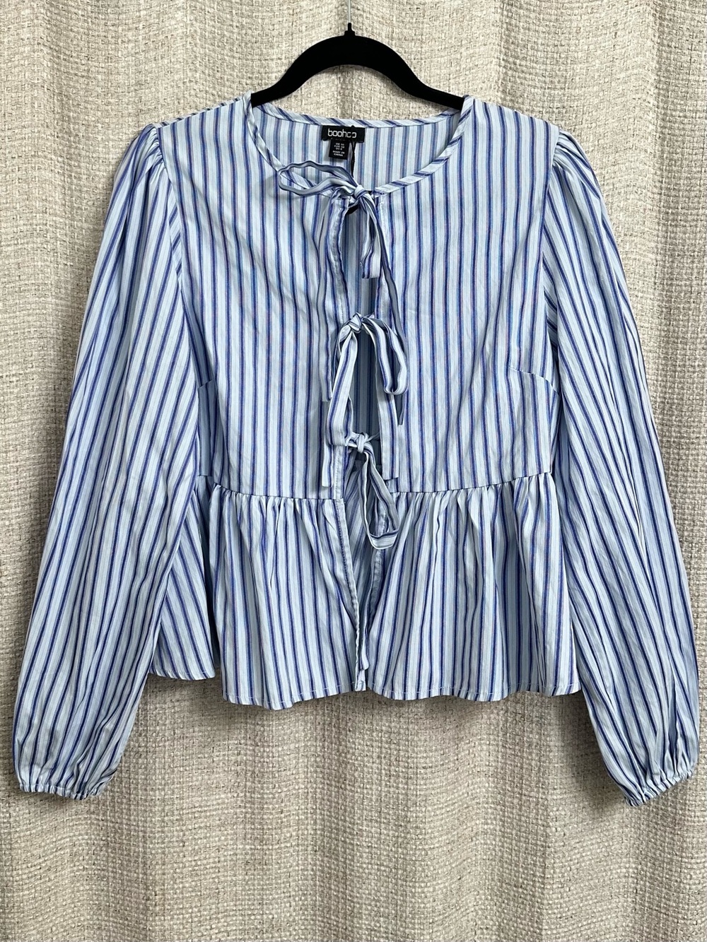 Boohoo Striped Tie Front Peplum Blouse Blue White Puff Sleeve US 6